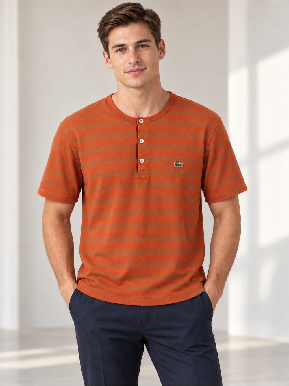 Lacoste Men’s Rust and Brick-Red Striped Henley Tee
